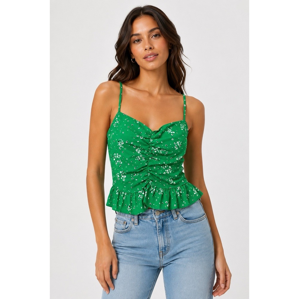 NWT Topshop Green Floral Ruched Peplum Cami Top Women's US 4 Cottagecore